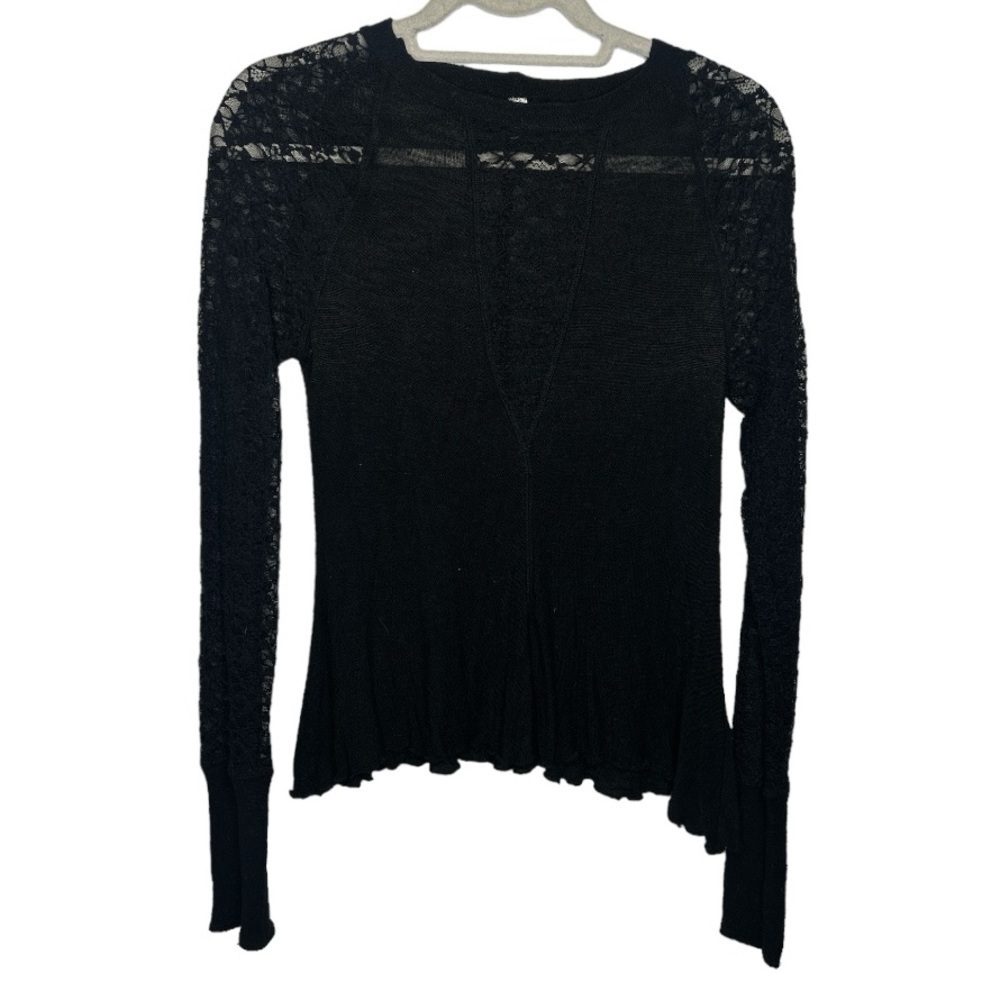 Free People No Limits High Sheer Lace Long sleeve Top Black Size Small - Picture 3 of 7